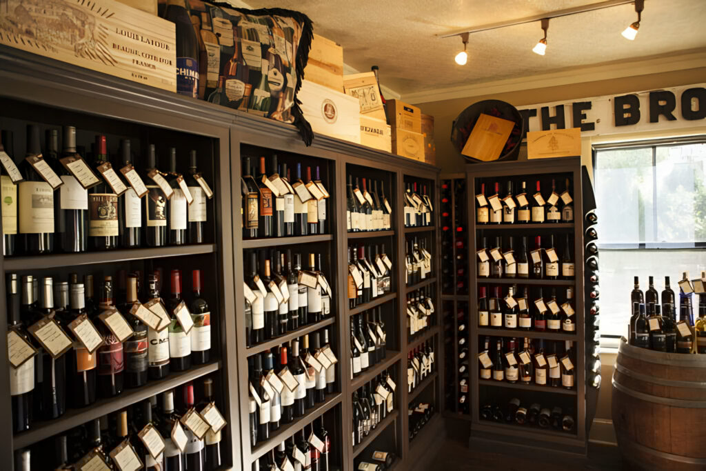 Wine on shelves available for purchase at The Brown Jug